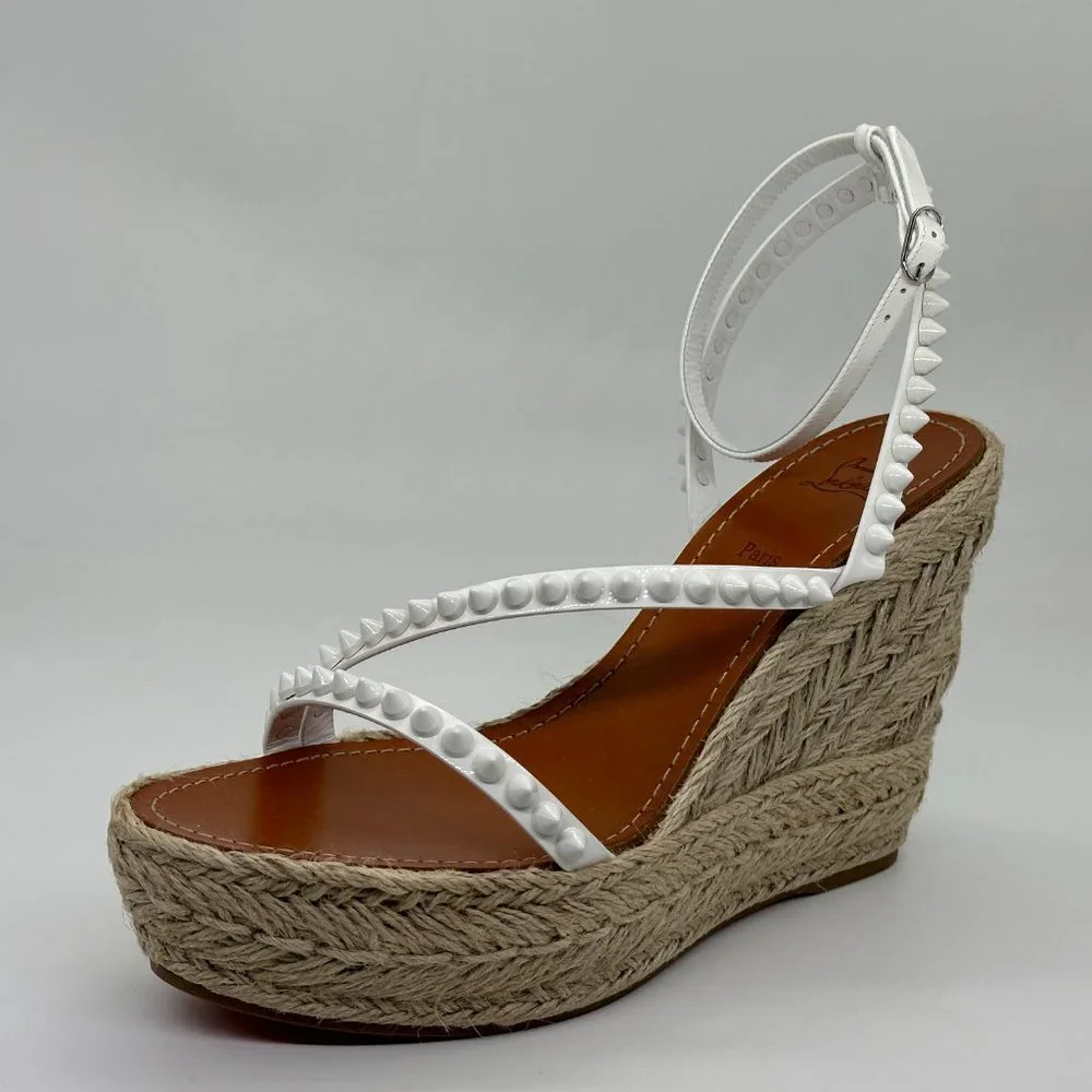 Christian Louboutin White Studded Espadrille Wedge Sandals